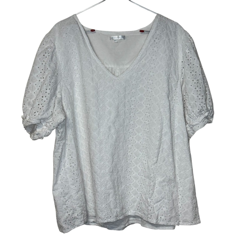 Draper James Womens White Eyelet Puffed Sleeve Peasant V-Neck Blouse XXL